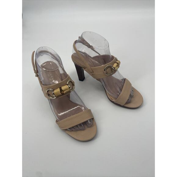 Gucci Horsebit Bamboo Heels Sandals 37.5 Leather Ankle Strap Beige Nude Open Toe - Picture 1 of 11